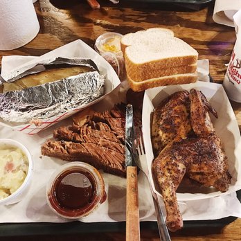 Hard Eight BBQ - Brisket, chicken, baked potato, potato salad, and sausage. - Barbeque Near Me - The Colony, Texas