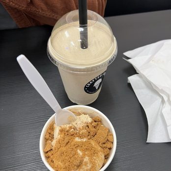 Crafted Cone Ice Cream & Desserts - cookie butter 1 scoop with biscoff cookies on top & coffee milkshake - Ice Cream & Frozen Yogurt Near Me - Placentia, California