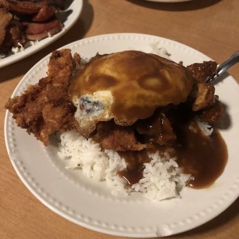 Kona Kitchen - Seattle - Loco moco with hamburger patty and katsu chicken ($17.29) - Hawaiian Near Me - Seattle, Washington