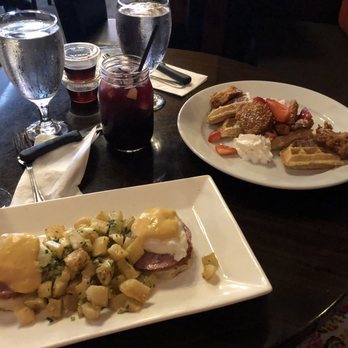 Havana Cafe - Chicken and waffles // arepas with Canadian bacon and poached eggs and yuca fries . - Cuban Near Me - Bronx, New York