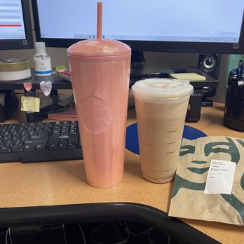 Starbucks - My new tumbler ice white mocha with Carmel drizzle and vanilla cold foam and a almond croissant - Coffee & Tea Near Me - San Diego, California Starbucks - My new tumbler ice white mocha with Carmel drizzle and vanilla cold foam and a almond croissant - Coffee & Tea Near Me - San Diego, California