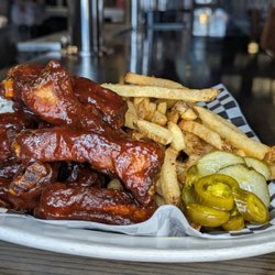 Malt & Barley Public House - Tequila lime BBQ rib dinner with hand-cut fries, jalapeños, pickles, and East Coast slaw at Malt & Barley Public House, Kitch...