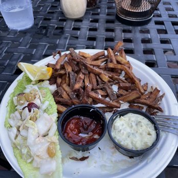 Jimmy's HideAway - Fish 'n' chips (only ate the cod because of how disgusting the fries and slaw were). Completely waste of $25. - New American Near Me - Provincetown, Massachusetts Jimmy's HideAway - Fish 'n' chips (only ate the cod because of how disgusting the fries and slaw were). Completely waste of $25. - New American Near Me - Provincetown, Massachusetts