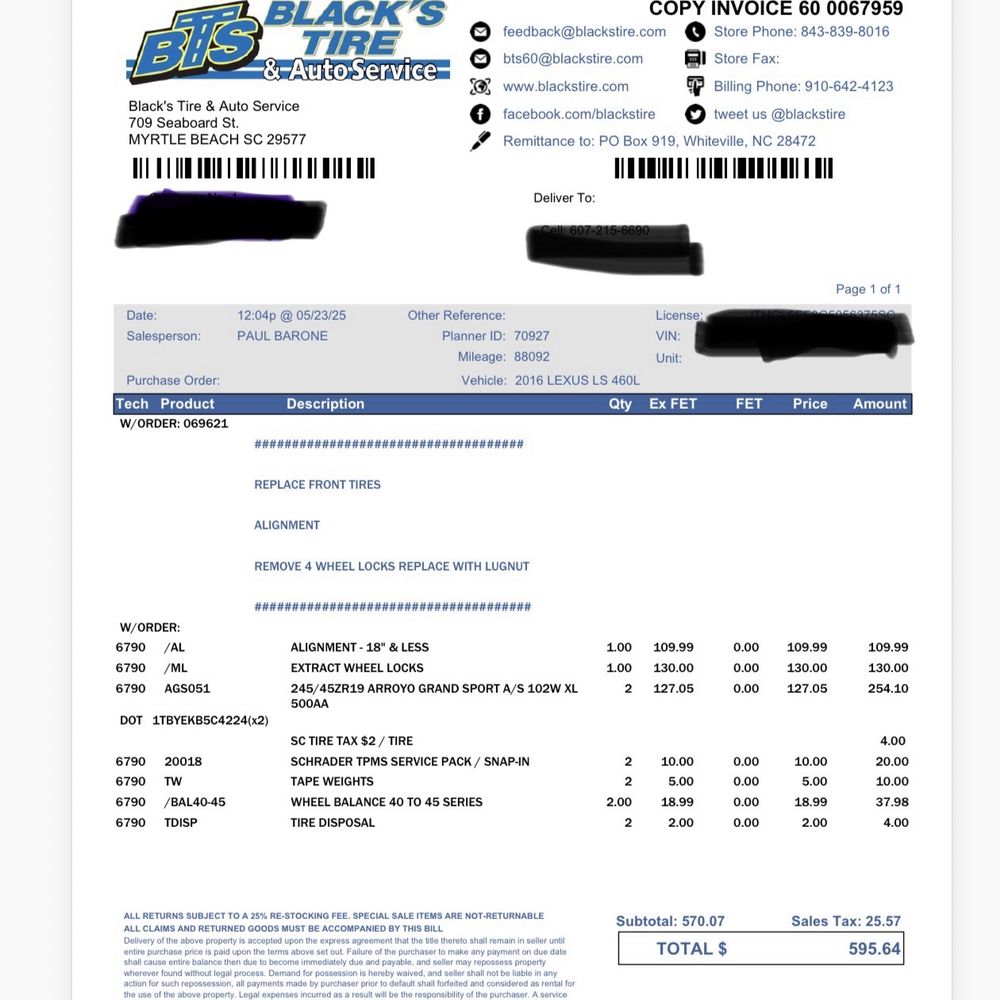 Black's Tire & Auto Service - Receipts shown! Blacks did me dirty! - Tires Near Me - Myrtle Beach, South Carolina Black's Tire & Auto Service - Receipts shown! Blacks did me dirty! - Tires Near Me - Myrtle Beach, South Carolina