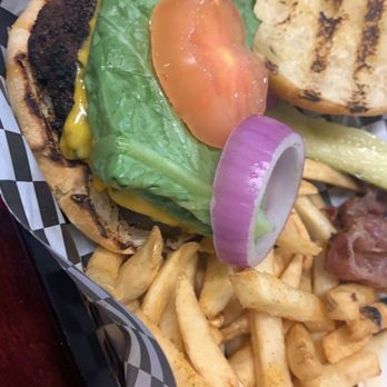 Amigos Burgers and Beer - Huge tomato and large onion in the burger. Not good. - Burgers Near Me - Tucson, Arizona