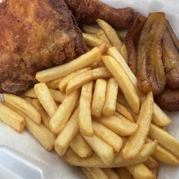 Fried chicken, fries, and plantain