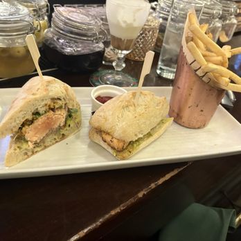 Maggie's Place - Spiced Salmon Sandwich - definitely served more rare than we expected, but was delicious - Bars Near Me - New York, New York