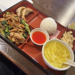 Bento Box  Chicken Broccoli Egg Drop Soup Pork Dumplings