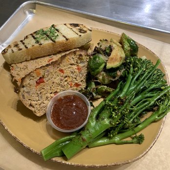 Urban Plates - BBQ Turkey Meatloaf with roasted Brussels Sprouts and Broccolini - New American Near Me - Dublin, California Urban Plates - BBQ Turkey Meatloaf with roasted Brussels Sprouts and Broccolini - New American Near Me - Dublin, California