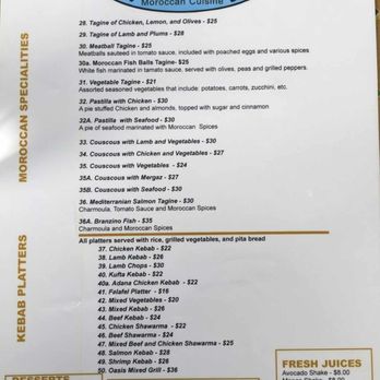 Oasis Restaurant - Menu as of Nov 2023 main dishes - Mediterranean Near Me - Cranford, New Jersey
