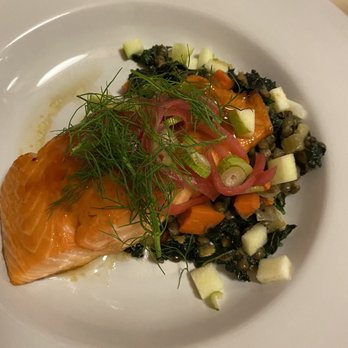 Gather55 - Salmon with apple mustard glaze and braised greens and lentils - New American Near Me - Hartford, Connecticut Gather55 - Salmon with apple mustard glaze and braised greens and lentils - New American Near Me - Hartford, Connecticut