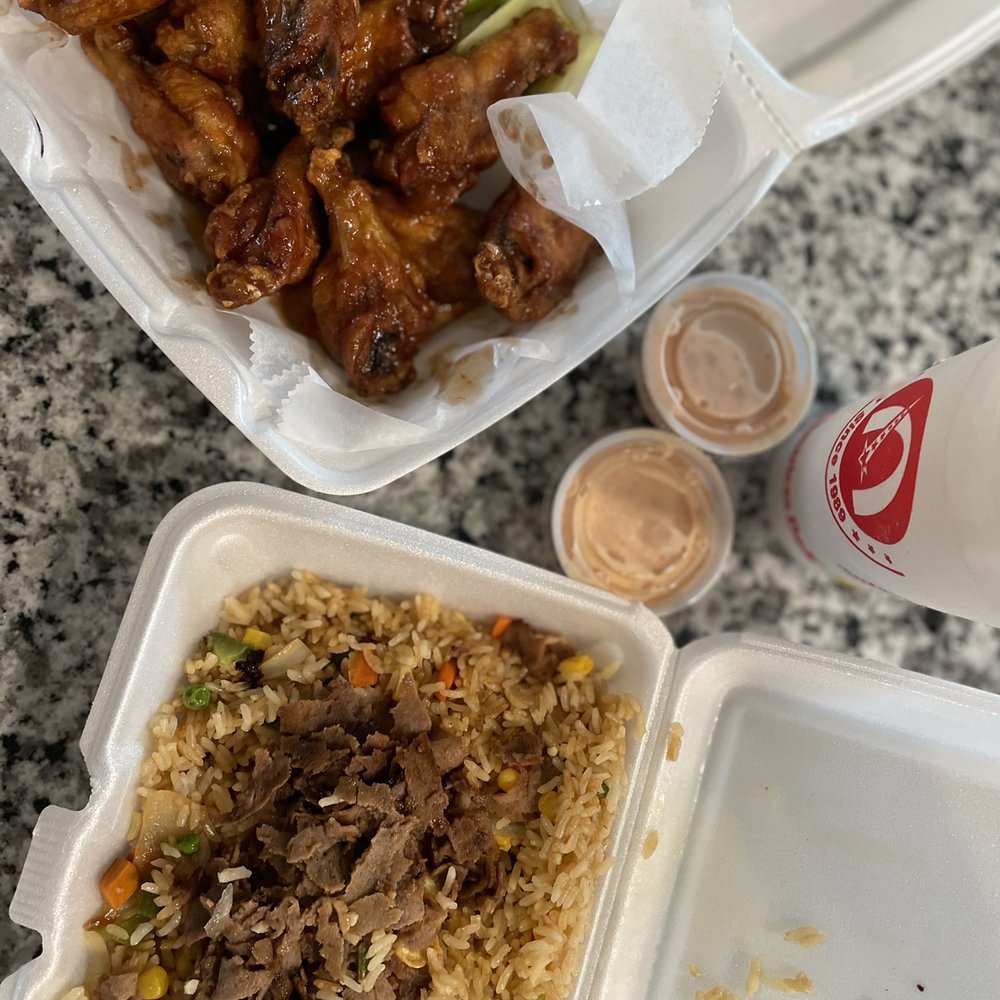 Beef fried rice and bbq chicken wings Beef fried rice and bbq chicken wings