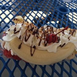 Peaches N Cream - Banana split with cappuccino crunch, chocolate coconut almond, and Kahlua amaretto scoops!