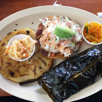 La Salvadorena - Left to Right: -Pupusa (Chicharron con queso) -Tostada -Tamale - Salvadoran Near Me - Baton Rouge, Louisiana