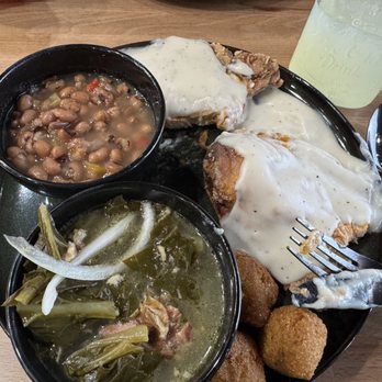 Anthony's Soul Cafe - Smothered pork chops, collard greens, black eyed peas, and hush puppies. Lemonade in the jar. - Soul Food Near Me - Santa Fe, New Mexico Anthony's Soul Cafe - Smothered pork chops, collard greens, black eyed peas, and hush puppies. Lemonade in the jar. - Soul Food Near Me - Santa Fe, New Mexico