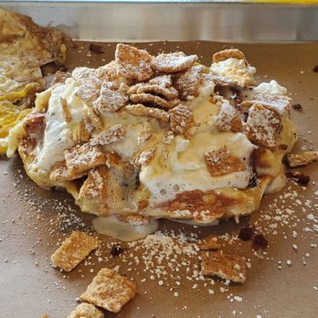 Press Waffle Co. - Cinnamon Toast Waffle with a side of fried egg and bacon crumbles - Breakfast & Brunch Near Me - Little Rock, Arkansas Press Waffle Co. - Cinnamon Toast Waffle with a side of fried egg and bacon crumbles - Breakfast & Brunch Near Me - Little Rock, Arkansas