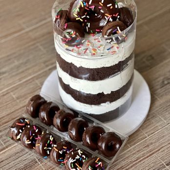 Little Cravings Bakery - Gluten free, egg free, dairy free chocolate donut cake and a dozen mini donuts - Desserts Near Me