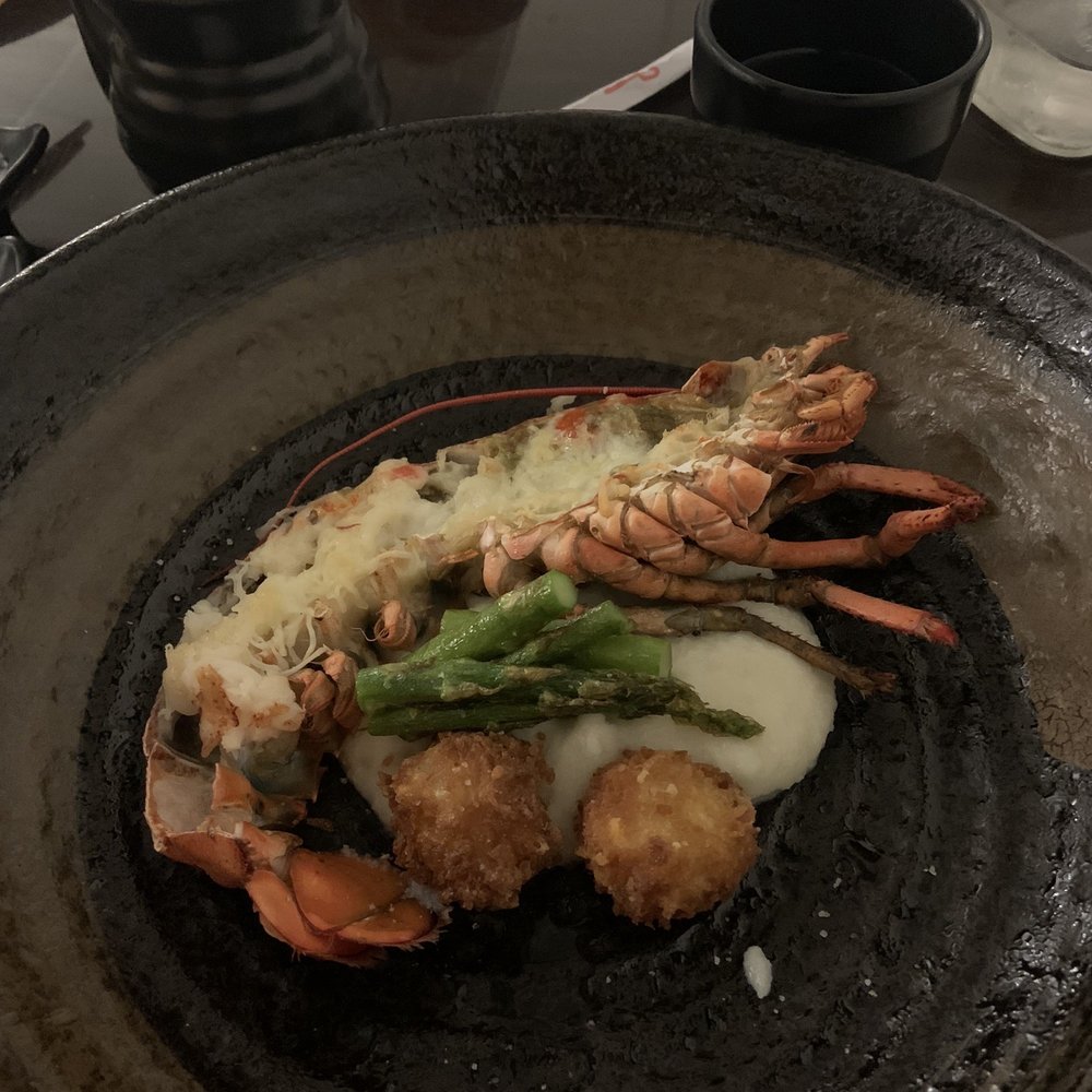 Izakaya - Half lobster over cauliflower, with asparagus and fried shrimp balls - Sushi Bars Near Me - Benicia, California Izakaya - Half lobster over cauliflower, with asparagus and fried shrimp balls - Sushi Bars Near Me - Benicia, California