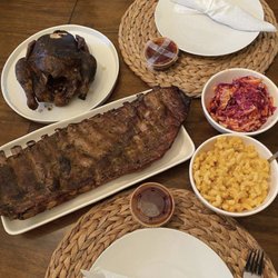 Pride & Joy BBQ - Example meal for 2-3. 1 whole rack, 1 whole chicken, 1 pint slaw, 1 pint pimento Mac & Cheese, 2 Classic Tang sauces