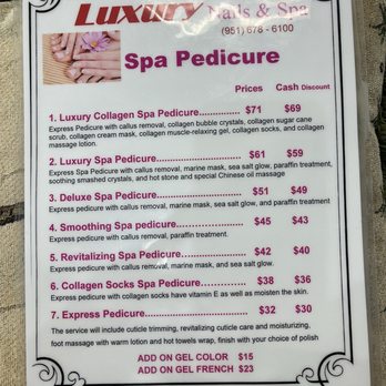 Luxury Nail & Spa - Pedicure price sheet - Nail Salons Near Me - Wildomar, California Luxury Nail & Spa - Pedicure price sheet - Nail Salons Near Me - Wildomar, California