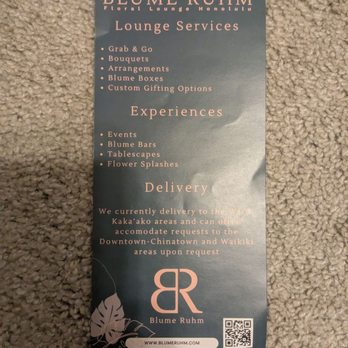 Blume Ruhm Floral Lounge - Back side of flyer - Florists Near Me - Honolulu, Hawaii