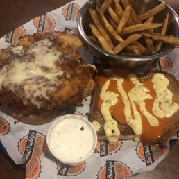 Customized Emilios Chicken Sandwich on Texas Toast with buffalo sauce sans the bacon. House fries and ranch. Customized Emilios Chicken Sandwich on Texas Toast with buffalo sauce sans the bacon. House fries and ranch.