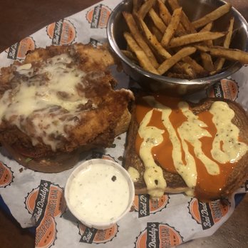 Bad Daddy's Burger Bar - Customized Emilios Chicken Sandwich on Texas Toast with buffalo sauce sans the bacon. House fries and ranch. - Bars Near Me - Greenville, South Carolina Bad Daddy's Burger Bar - Customized Emilios Chicken Sandwich on Texas Toast with buffalo sauce sans the bacon. House fries and ranch. - Bars Near Me - Greenville, South Carolina