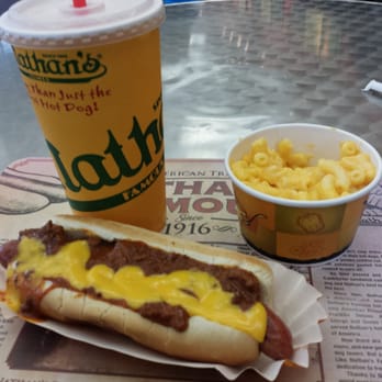 Nathan's Famous - Mmmm! Nathan's chili dog with mac and cheese and lemonade @ Coney Island. - Hot Dogs Near Me - Brooklyn, New York Nathan's Famous - Mmmm! Nathan's chili dog with mac and cheese and lemonade @ Coney Island. - Hot Dogs Near Me - Brooklyn, New York