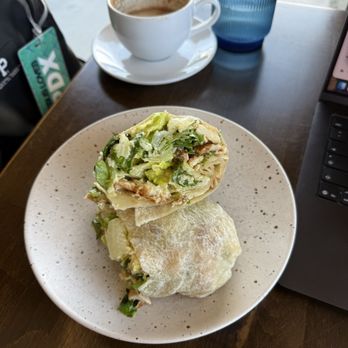 Current Cafe + Surf - Chicken Caesar wrap and honey bee latte - Cafes Near Me - Long Beach, Washington