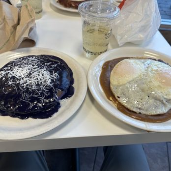 Aloha Stacks - Ube Coconut Pancakes and corned beef hash loco moco. - Pancakes Near Me - Cerritos, California