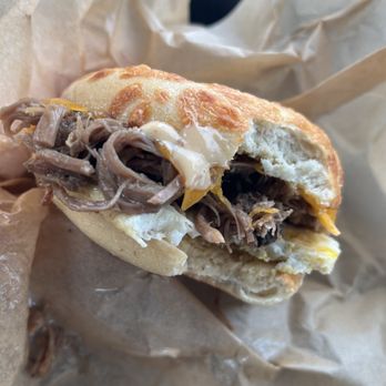 Einstein Bros. Bagels - Brisket sando w/ Asiago Cheese bagel - Bagels Near Me - Orem, Utah