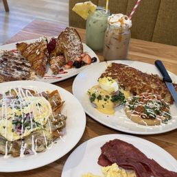 sweet trio, chilaquiles bowl, sope benedict, salmon benedict, iced Messy Caramel Latte, Iced Pineapple Matcha sweet trio, chilaquiles bowl, sope benedict, salmon benedict, iced Messy Caramel Latte, Iced Pineapple Matcha