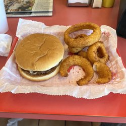 J's Carry Out - Chili burger and onion rings.