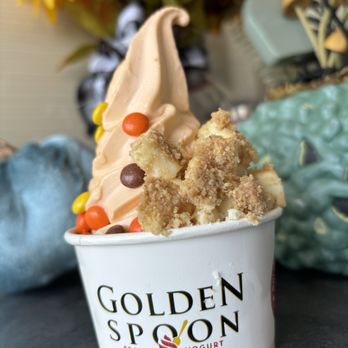 Golden Spoon - Mini Pumpkin Yogurt with Mini Topping, Cheesecake and Reese's Pieces - Ice Cream & Frozen Yogurt Near Me - Oceanside, California