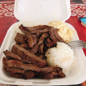 Matiki Island BBQ - Beef plate with mac salad and rice. - Hawaiian Near Me - Anaheim, California