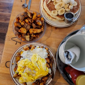 Julian Cafe - Pancakes with banana, a side of potatoes, PCT Power Bowl - Bakeries Near Me - Julian, California Julian Cafe - Pancakes with banana, a side of potatoes, PCT Power Bowl - Bakeries Near Me - Julian, California