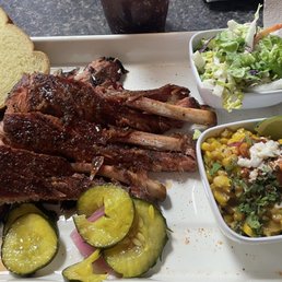 Ribs, brisket, coleslaw, and elote