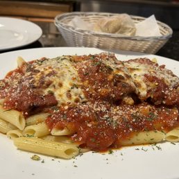 Black Point Pizza Eggplant Parmesan over penne pasta Black Point Pizza Eggplant Parmesan over penne pasta