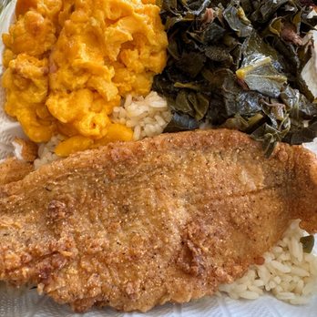Carolina Kitchen - Fried catfish over white rice with collard greens and macaroni and cheese - Soul Food Near Me - Brandywine, Maryland