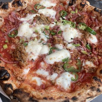 Doppio Zero Mountain View - Jalapeño pizza - San Marzano tomato, fior di latte mozzarella, Italian salami, spicy Italian sausage, leeks, basil, jalapeño - Pizza Near Me - Mountain View, California