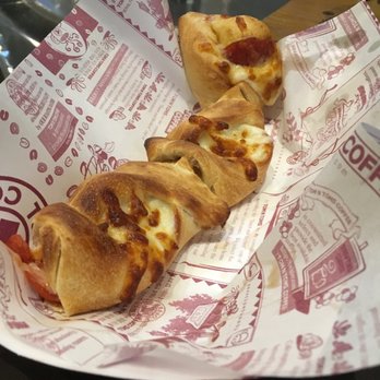 Tom N Toms Coffee - Pepperoni pretzel!  Get in my belly!!!  You'll be pulling this cheese for miles... - Coffee & Tea Near Me - Carrollton, Texas