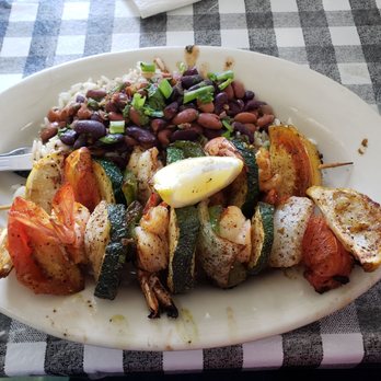 Flying Fish - Grilled shrimp kabob with rice and beans - Seafood Near Me - Dallas, Texas Flying Fish - Grilled shrimp kabob with rice and beans - Seafood Near Me - Dallas, Texas