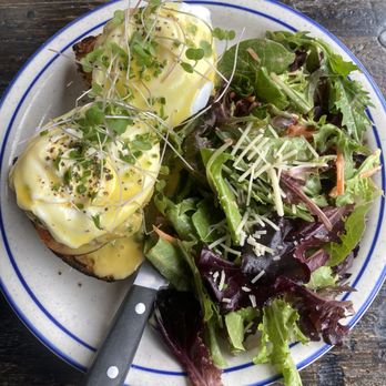 Broder Strand - Eggs Benedict with smoked trout cake on toasted bread with side salad - Cafes Near Me - Astoria, Oregon Broder Strand - Eggs Benedict with smoked trout cake on toasted bread with side salad - Cafes Near Me - Astoria, Oregon