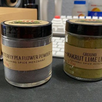 Solvang Spice Merchant - Butterfly pea flower powder and Markut Lime Leaves powder - Herbs & Spices Near Me - Solvang, California Solvang Spice Merchant - Butterfly pea flower powder and Markut Lime Leaves powder - Herbs & Spices Near Me - Solvang, California