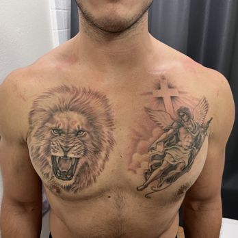 American Vintage Tattoo - My chest tattoos lion and St. Michael the Archangel - Tattoo Near Me - Orange, California American Vintage Tattoo - My chest tattoos lion and St. Michael the Archangel - Tattoo Near Me - Orange, California