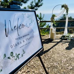 Micro Events - Sign and Arch set up with hurricane candles