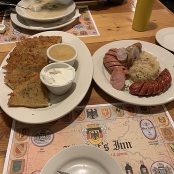 Laschet's Inn - Potato pancakes and hot sausage plate -- potato soup - German Near Me - Chicago, Illinois