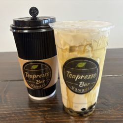 Teapresso Bar - Hilo - Large Black Coffee and a Large K-pop Demon Hunters Honmoon Hojicha Milk Tea with Boba