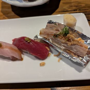 Bar Uerukamu - From left to right: amber jack sushi, tuna sushi, yellowtail sushi - Japanese Near Me - Los Angeles, California