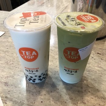Tea Top - Signature alpine green milk tea with boba (left) and matcha latte (right) - Bubble Tea Near Me - Houston, Texas Tea Top - Signature alpine green milk tea with boba (left) and matcha latte (right) - Bubble Tea Near Me - Houston, Texas